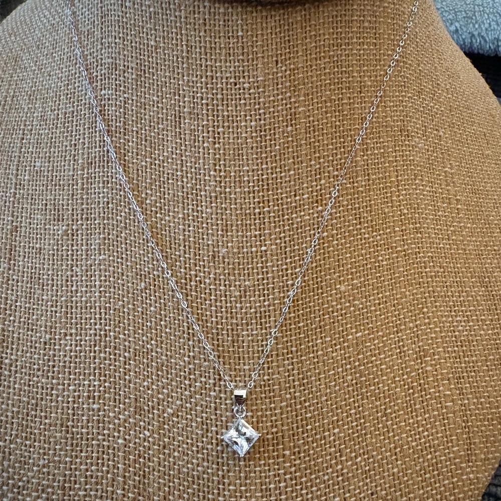 Solid Sterling Silver One Carat Princess Cut Moissanite Necklace
